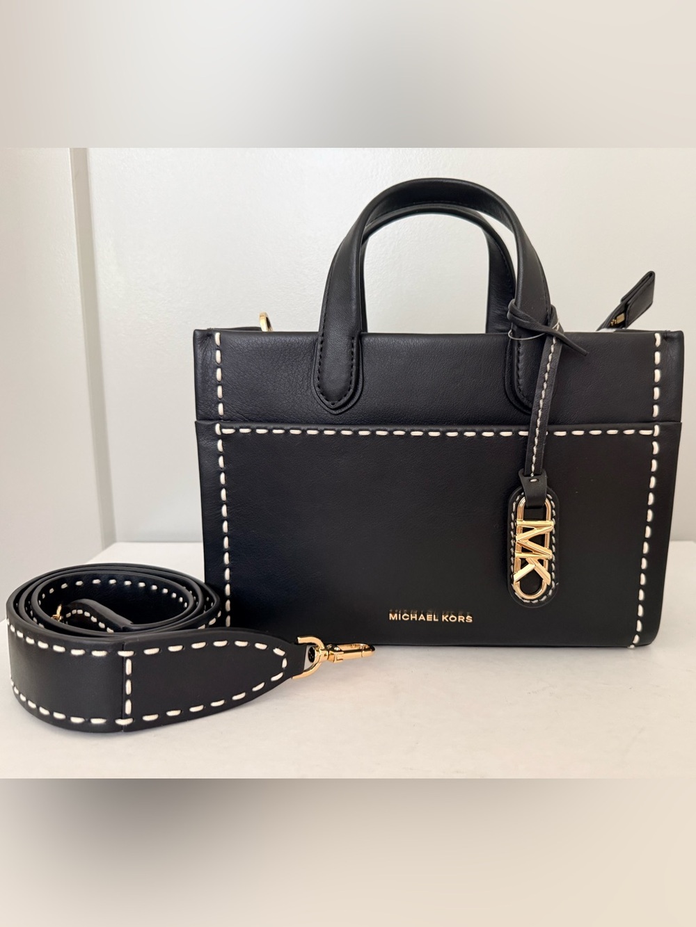 Michael Kors Black Leather Small East West Gigi Messenger Tote